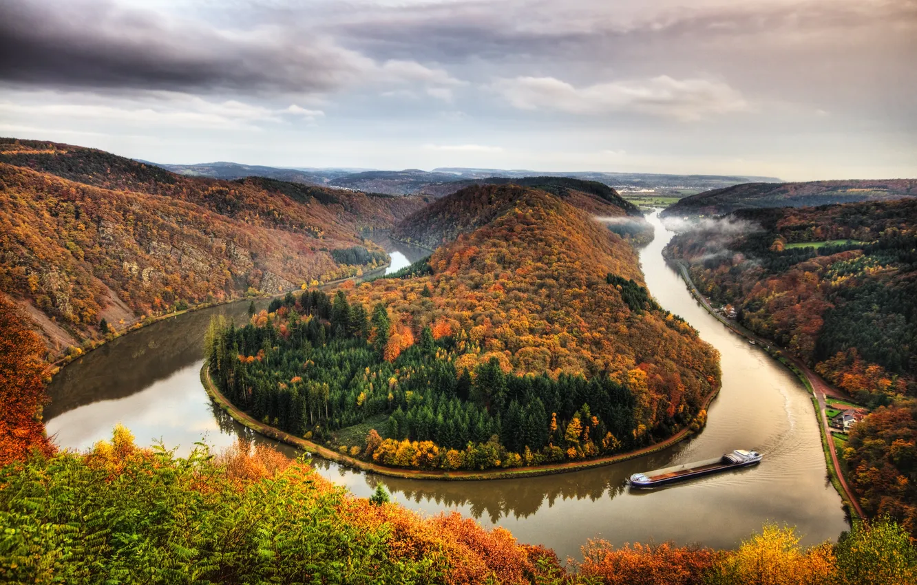 Фото обои осень, лес, горы, река, Германия, изгиб, панорама, Saarschleife