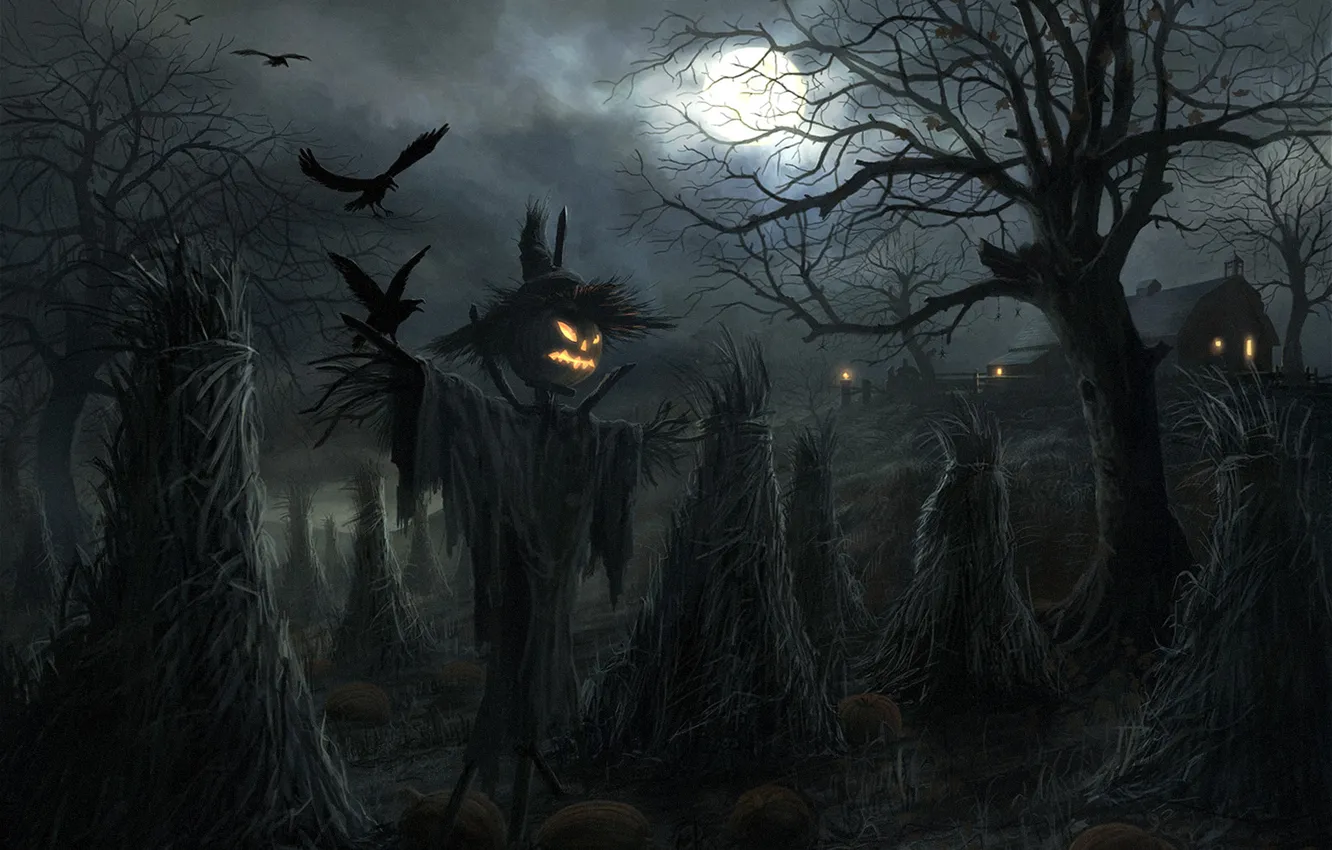 Фото обои поле, ночь, дом, луна, Хэллоуин, Scarecrow