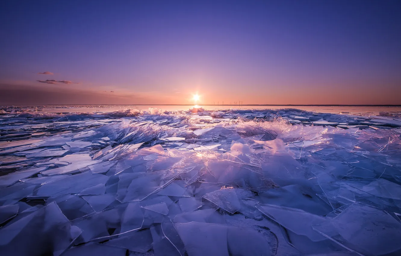 Фото обои зима, небо, солнце, лёд, Швеция, битое стекло
