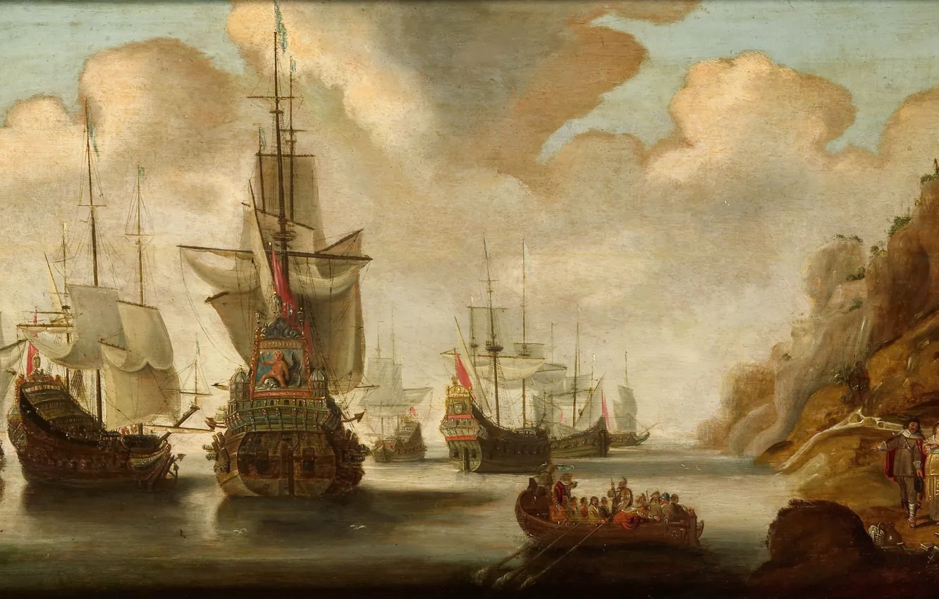 Фото обои масло, картина, морской пейзаж, Jacob Adriaensz Bellevois, Французская эскадра у скалистого берега, 1676, Якоб Адрианц …