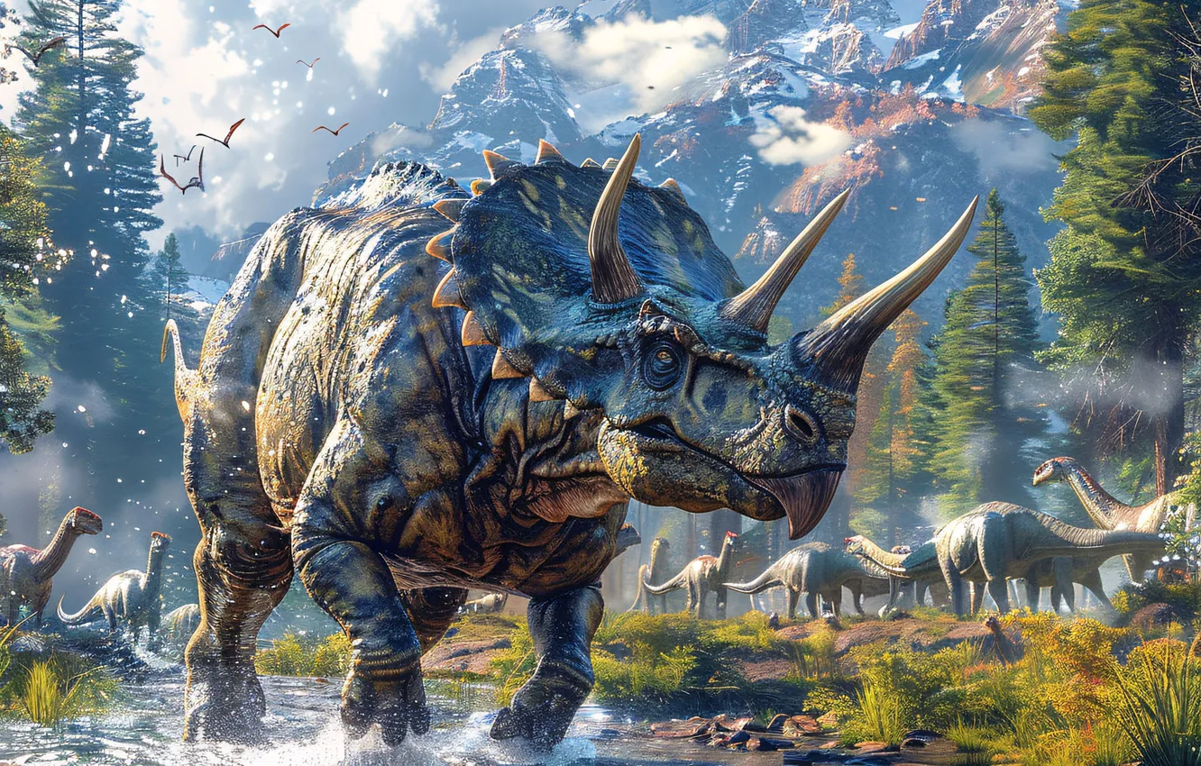 Фото обои Вода, Облака, Горы, Деревья, Динозавр, Рога, Речка, Triceratops