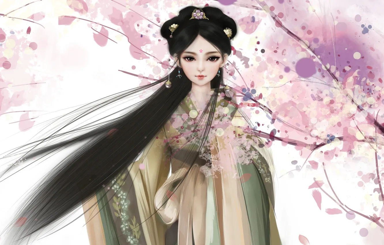Фото обои украшения, Девушка, кукла, кимоно, длинные волосы