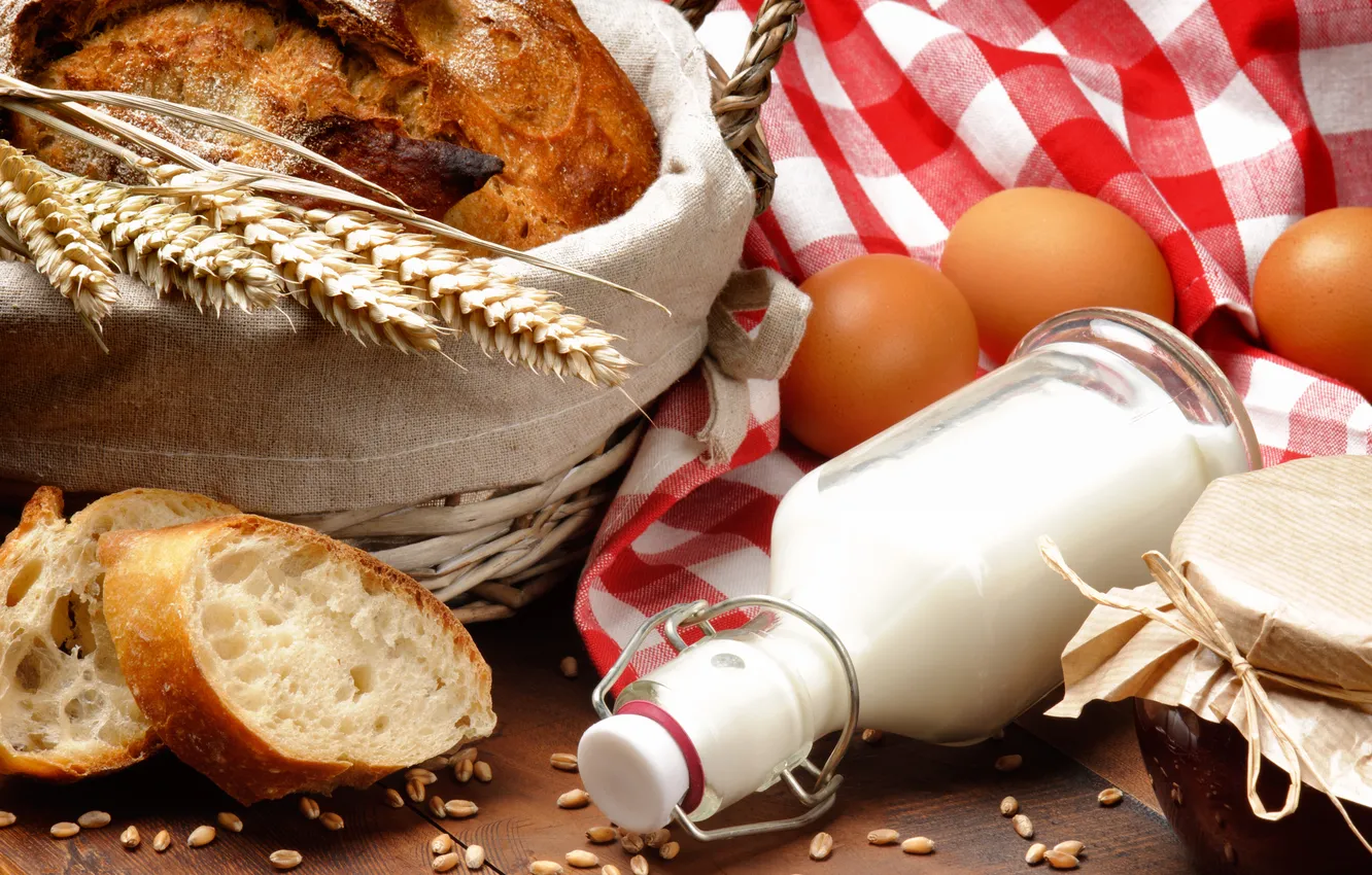 Фото обои яйца, молоко, хлеб, салфетка, баночка