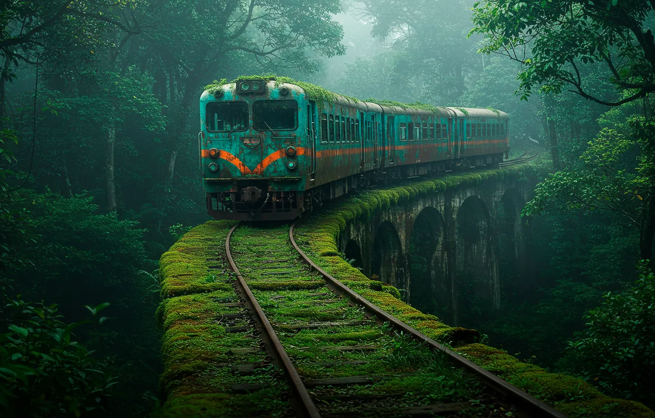 Фото обои мост, поезд, джунгли, железная дорога, wallpaper, jungle, bridge, train