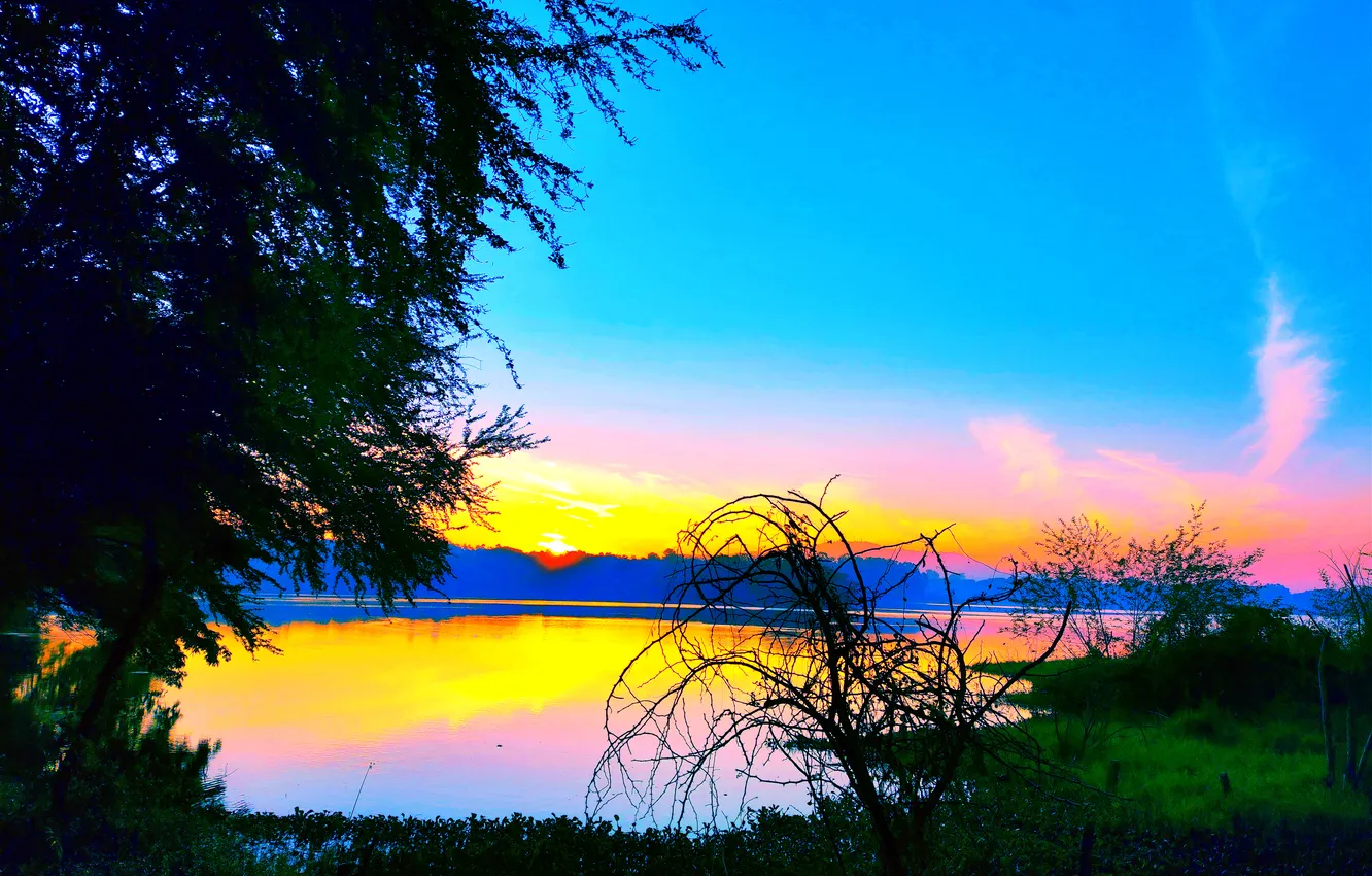 Фото обои Sky, Grass, Sun, Water, Sunrise, Dawn, Morning, Lake