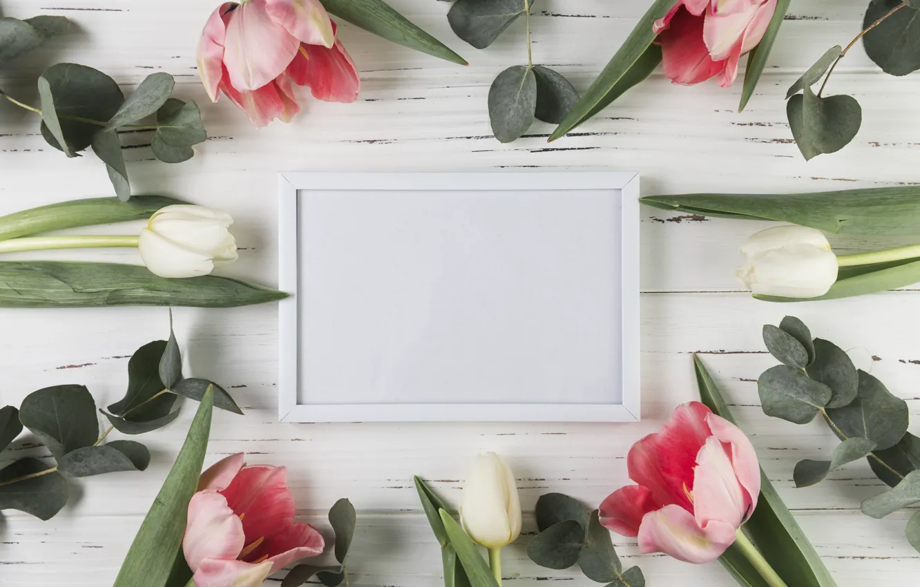 Фото обои цветы, рамка, тюльпаны, розовые, white, белые, wood, pink