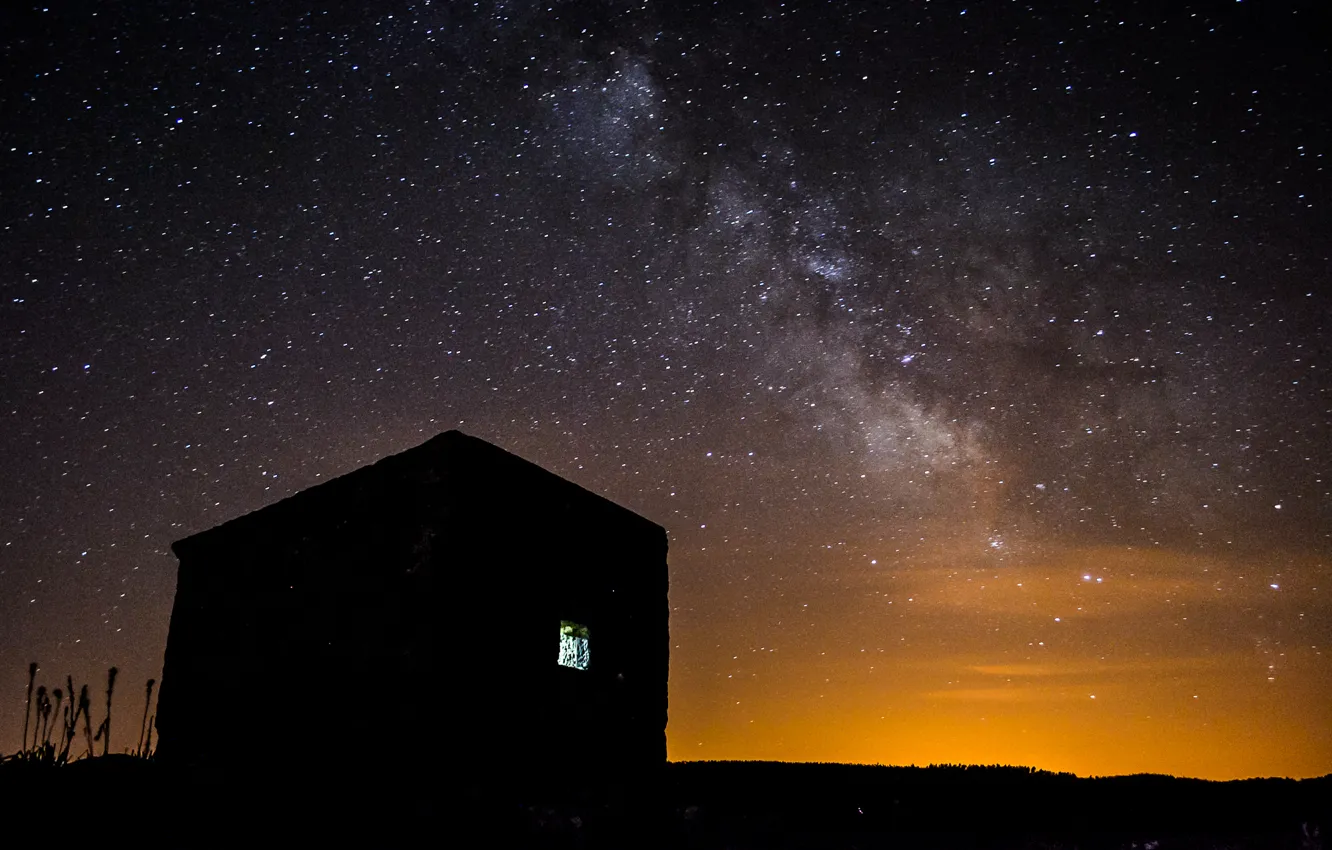 Фото обои звезды, ночь, пространство, дом, млечный путь