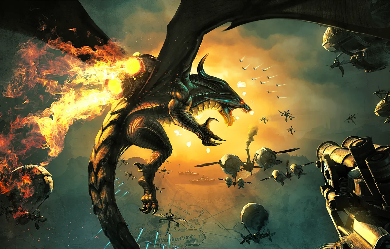 Фото обои полет, огонь, дракон, корабли, арт, стимпанк, в небе, Koen Van Mierlo