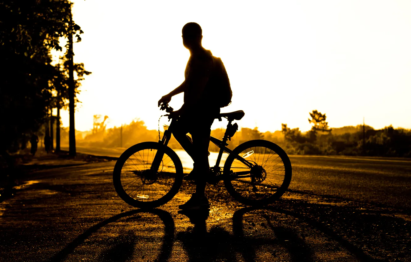 Фото обои солнце, закат, велосипед, силуэт, мужчина, bike, sunset, man