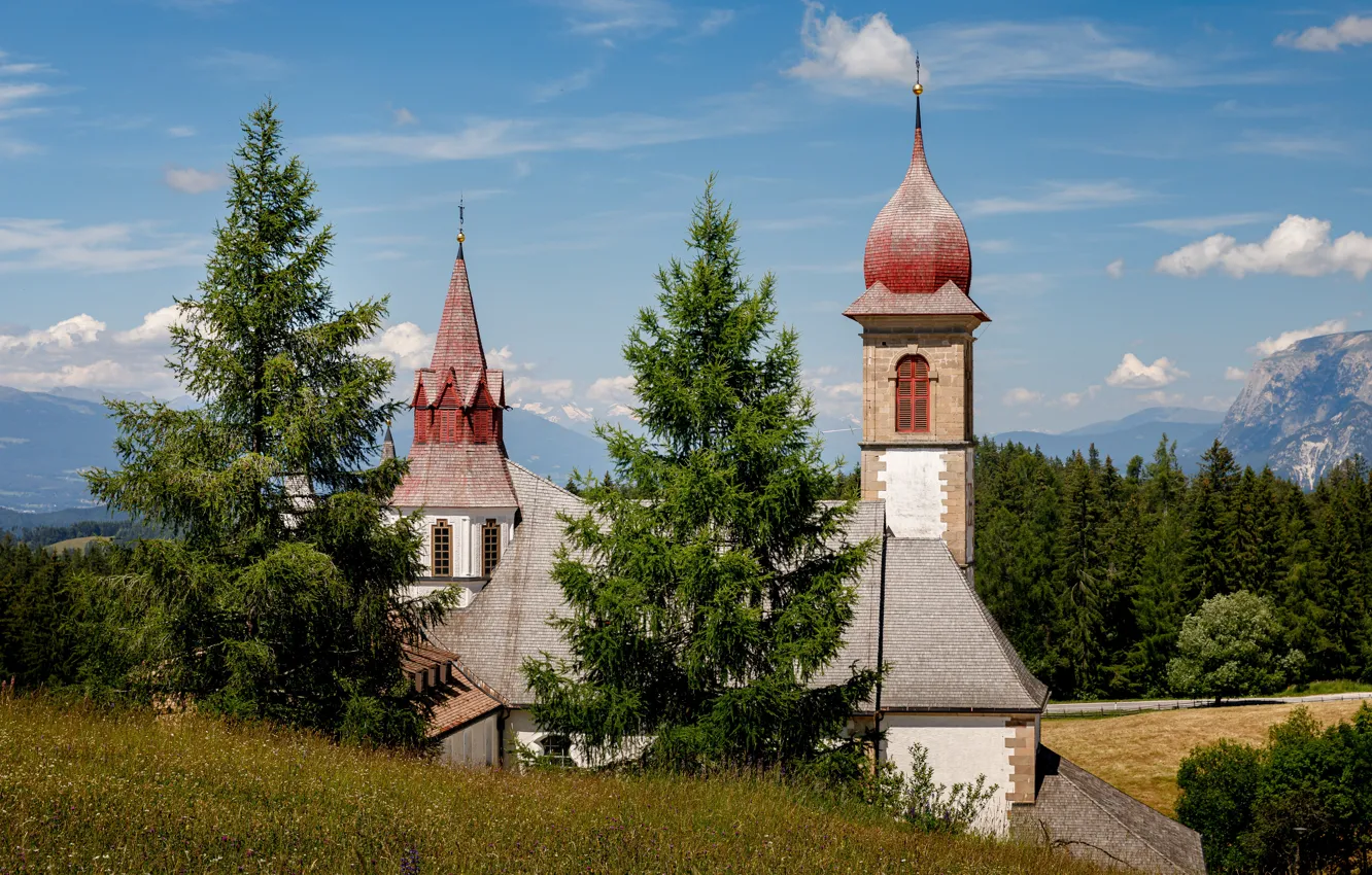 Фото обои деревья, горы, Италия, церковь