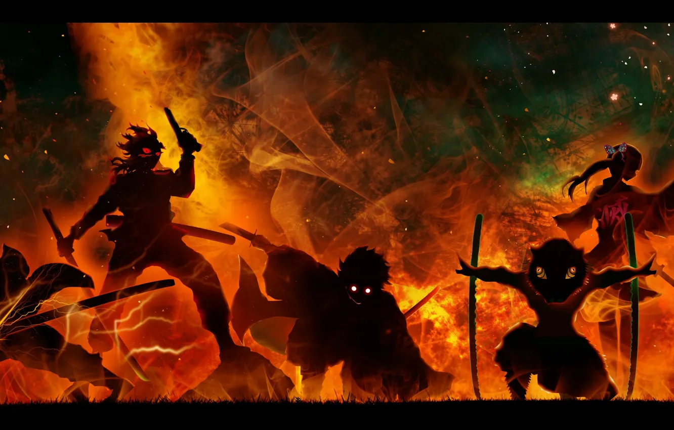 Фото обои оружие, огонь, пламя, молнии, катана, персонажи, горящие глаза, в темноте