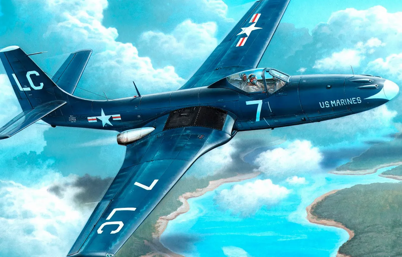 Фото обои ВМС США, американский палубный истребитель, FH-1 Phantom, первый реактивный палубный истребитель США, McDonnell Aircraft