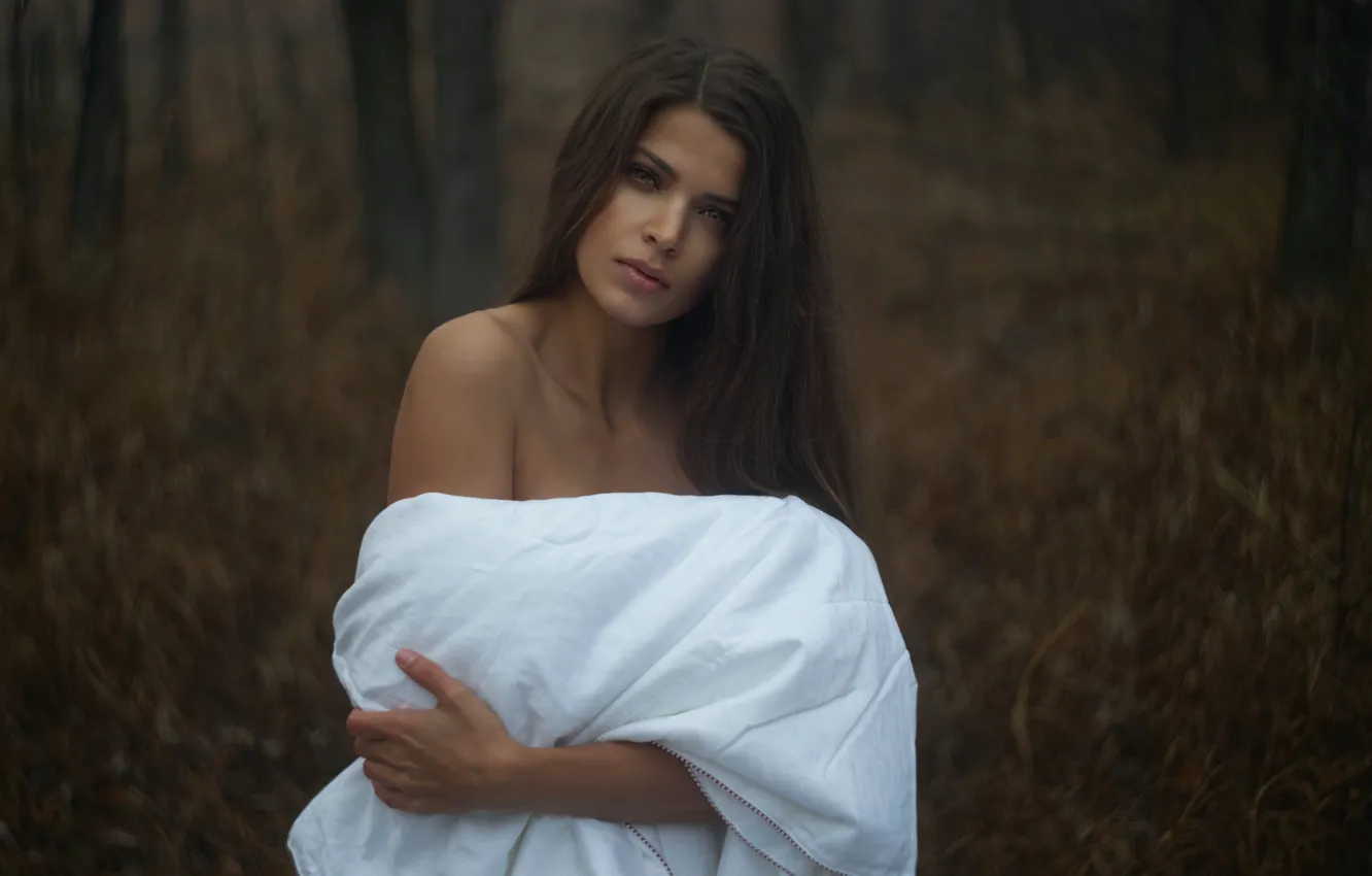 Фото обои лес, взгляд, деревья, forest, длинные волосы, long hair, trees, размытый фон