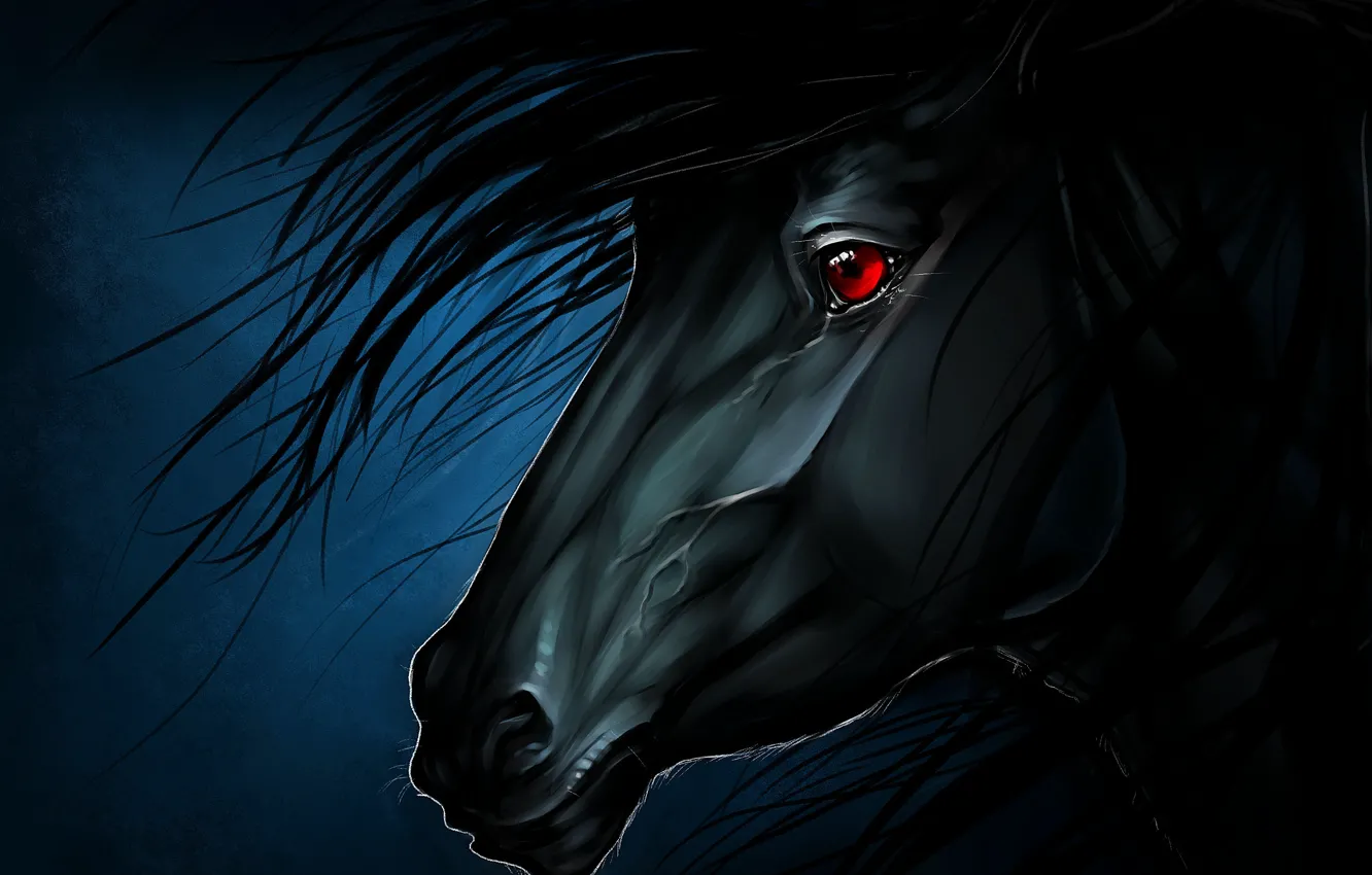 Фото обои Черный, Конь, Морда, Грива, Арт, Тёмный фон, Красный глаз