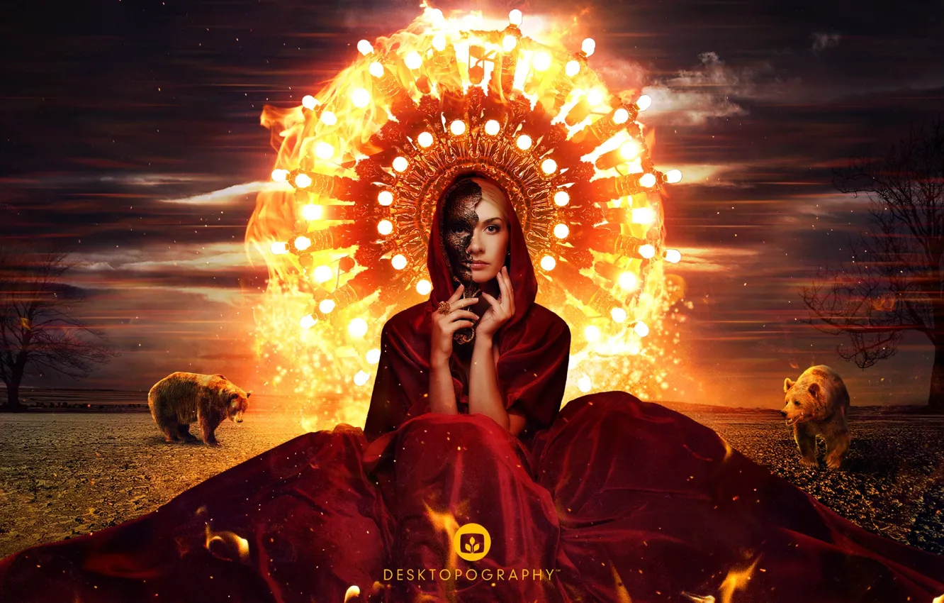 Фото обои девушка, деревья, огни, креатив, медведь, маска, капюшон, плащ