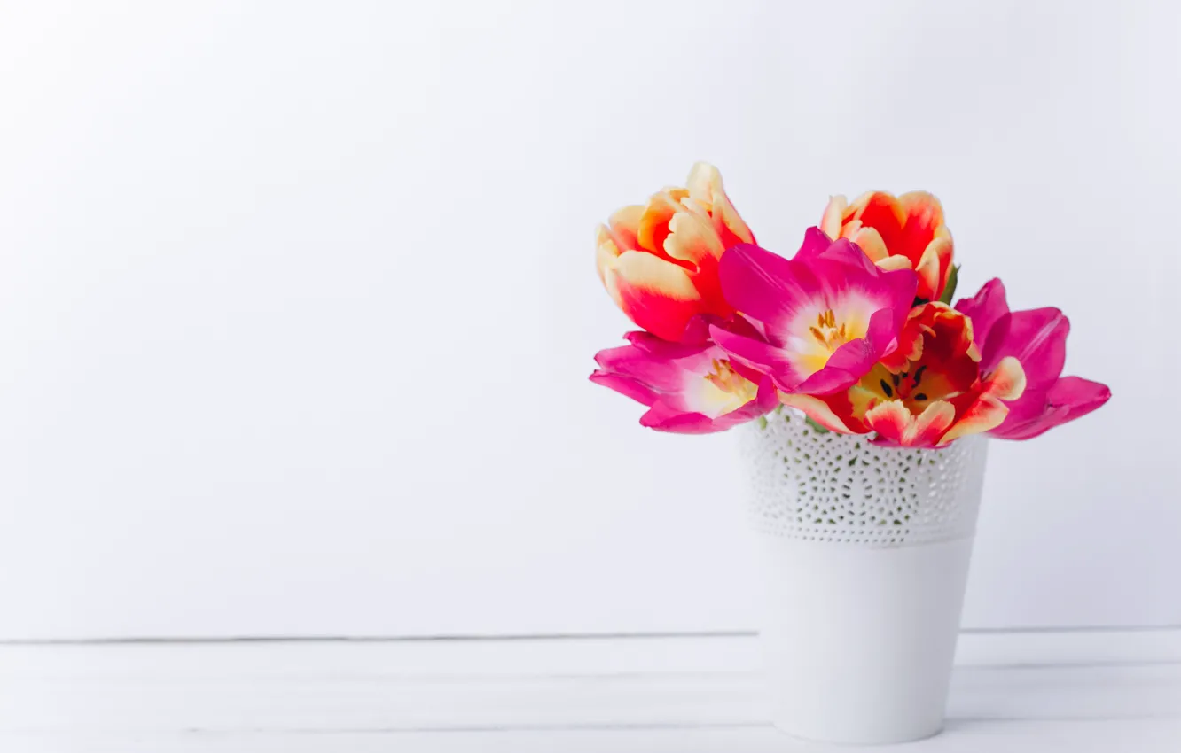 Фото обои цветы, букет, тюльпаны, кашпо