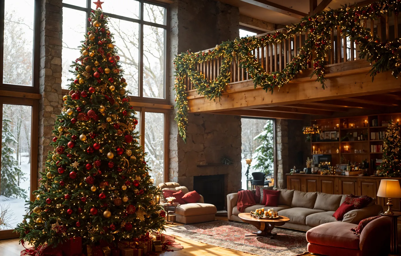 Фото обои комната, елка, интерьер, Рождество, Новый год, Christmas, view, tree