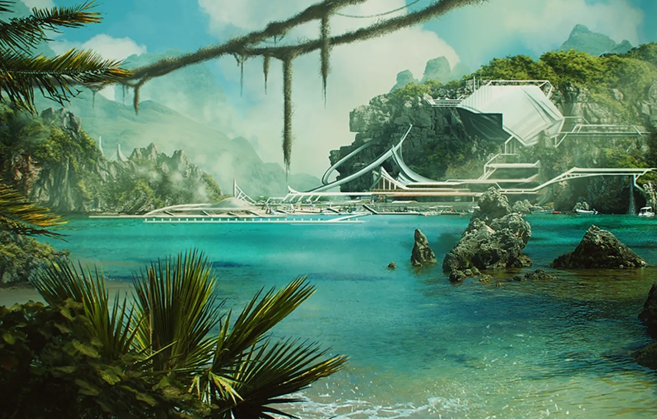 Фото обои mountains, rocks, waterfall, palms. water, sci fi jungle