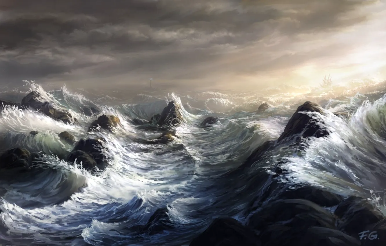 Фото обои море, волны, шторм, скалы, маяк, корабль, парусник, арт