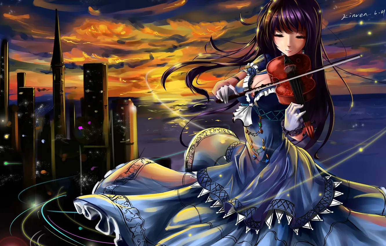 Фото обои девушка, закат, город, улыбка, краски, скрипка, игра, art