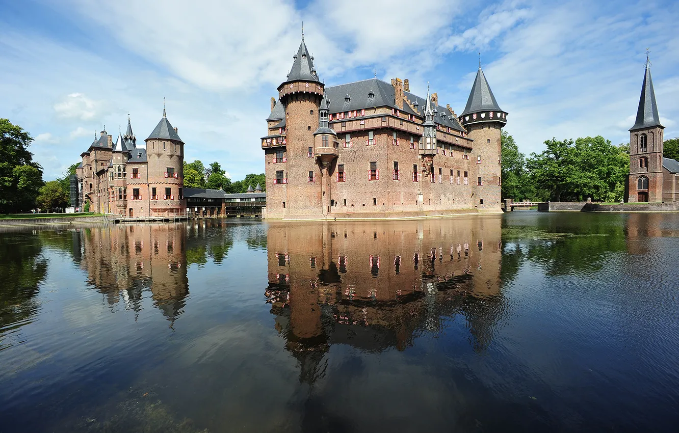 Фото обои деревья, река, замок, мостик, Netherlands, Kaastel de Haar