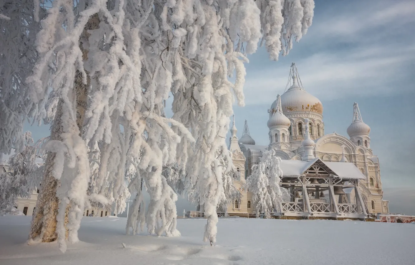 Фото обои зима, снег, деревья, пейзаж, дерево, храм, монастырь, Белогорье