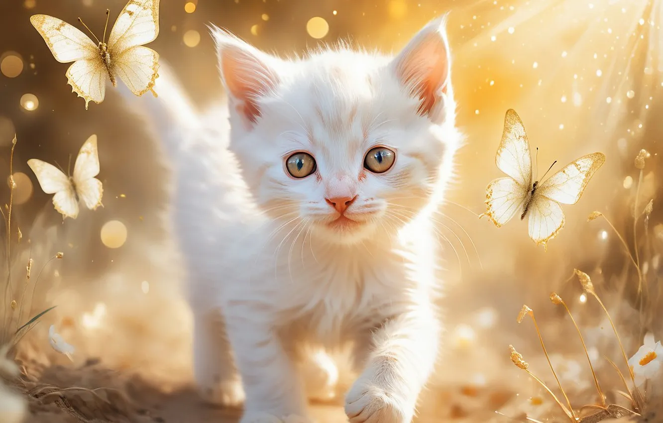 Фото обои кошка, белый, взгляд, лучи, свет, бабочки, поза, котенок