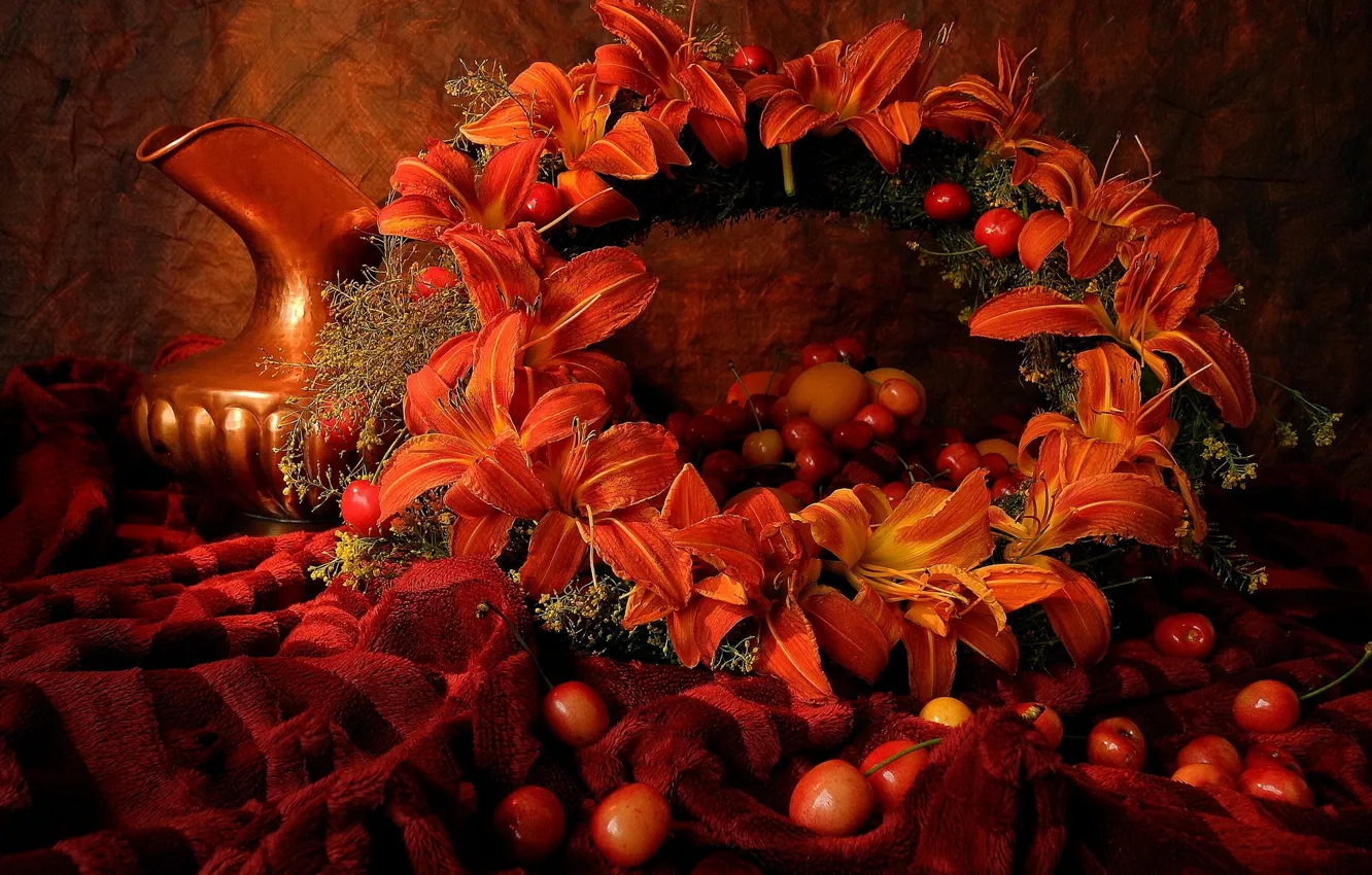 Фото обои ягоды, лилии, кувшин, натюрморт, венок, черешня
