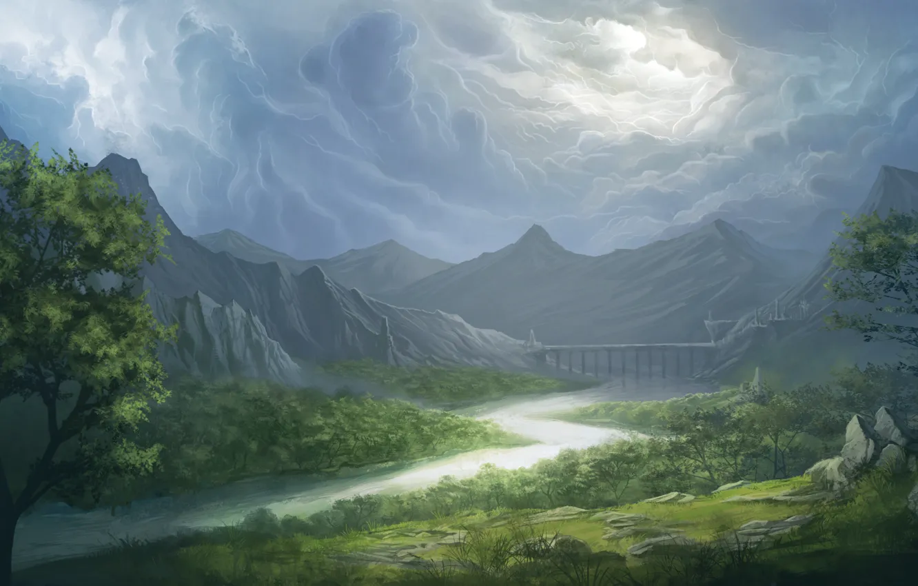 Фото обои небо, трава, облака, деревья, пейзаж, горы, мост, река