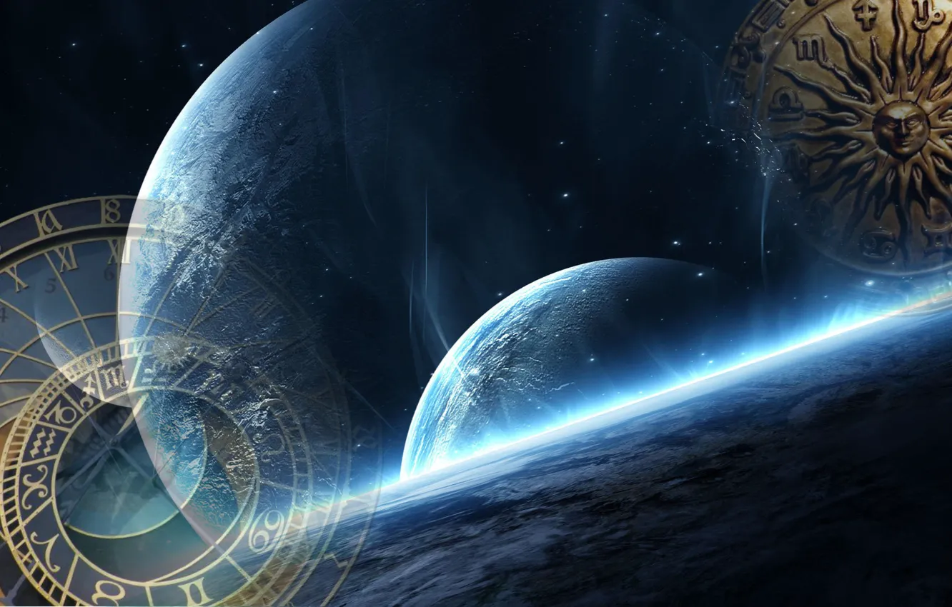 Фото обои космос, время, фантастика, часы, планета, арт