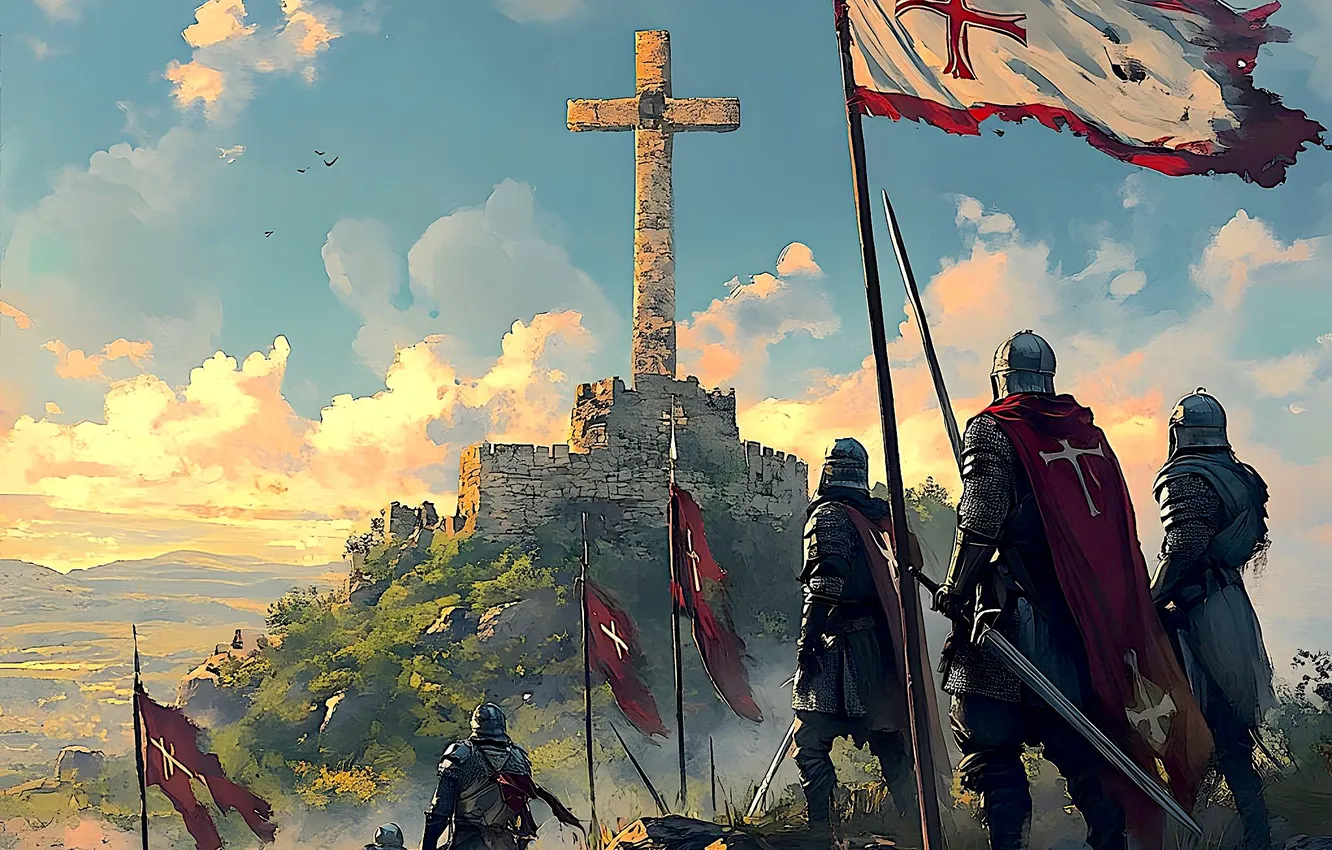 Фото обои sword, fantasy, armor, sky, landscape, cross, clouds, hills