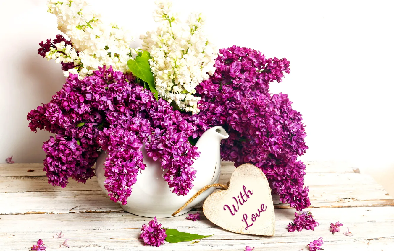 Фото обои flowers, сирень, spring, purple, vase, bouquet, romance, with love