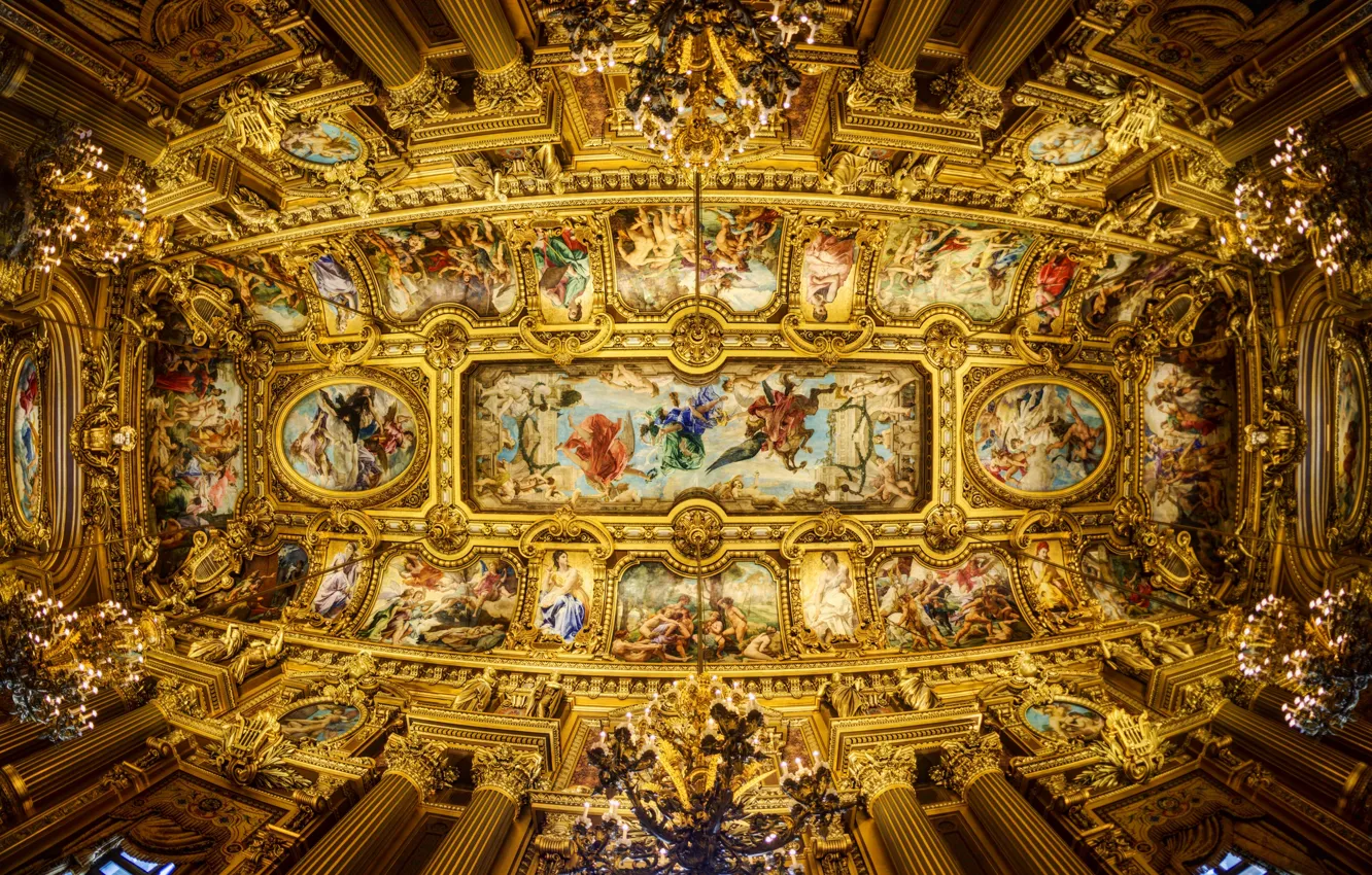 Фото обои потолок, колонны, Опера Гарнье, роспись, люстры, Гранд-опера, Парижская опера