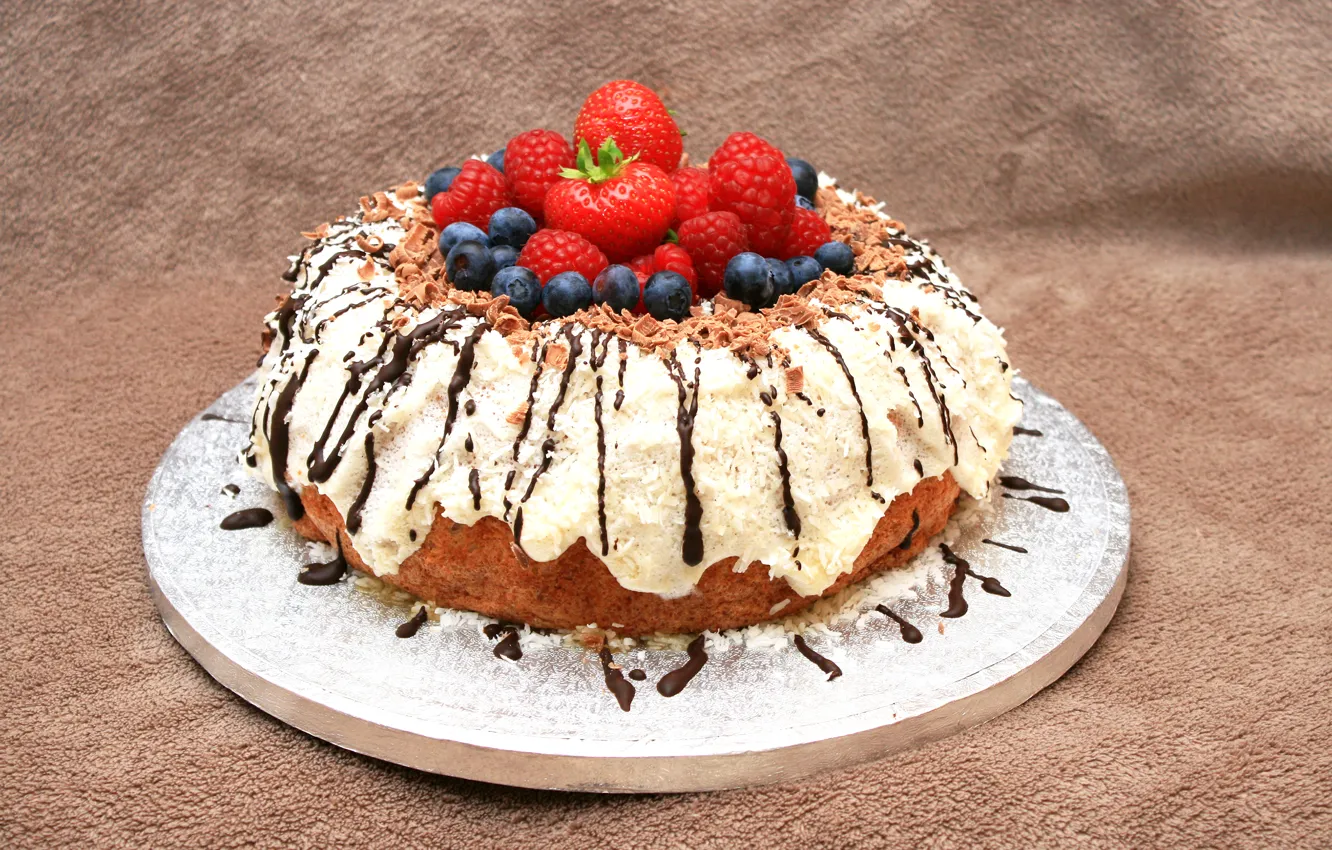 Фото обои ягоды, малина, шоколад, черника, клубника, пирог, cake, выпечка