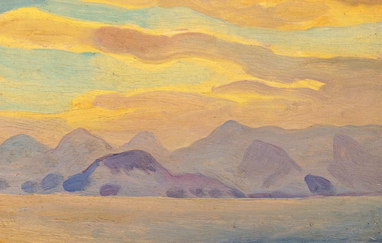 Фото обои облака, пейзаж, горы, картина, Rockwell Kent, Рокуэлл Кент, Alaska Impression