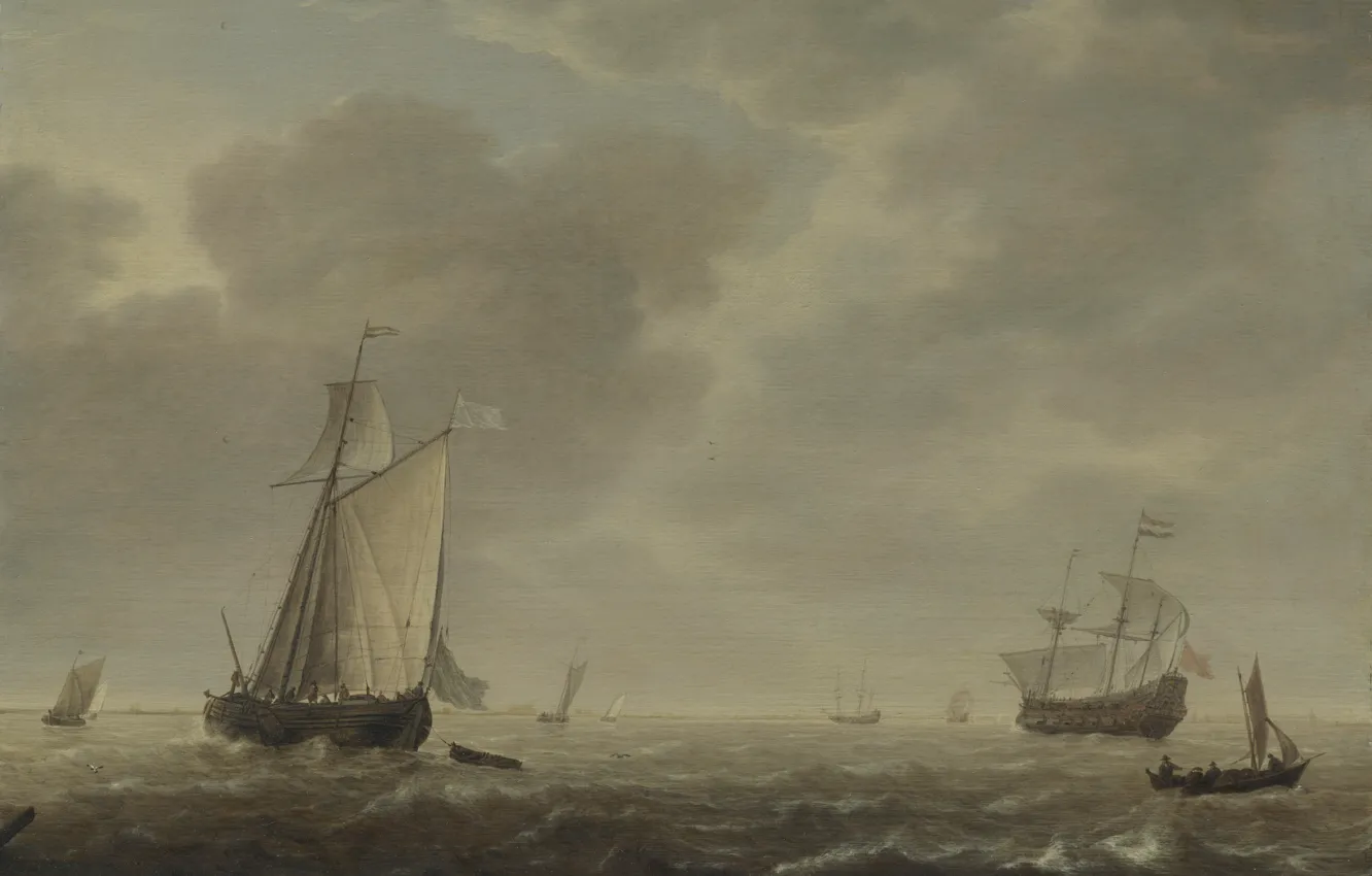Фото обои корабль, картина, парус, морской пейзаж, Simon de Vlieger, A Dutch Man-of-war and Various Vessels in …