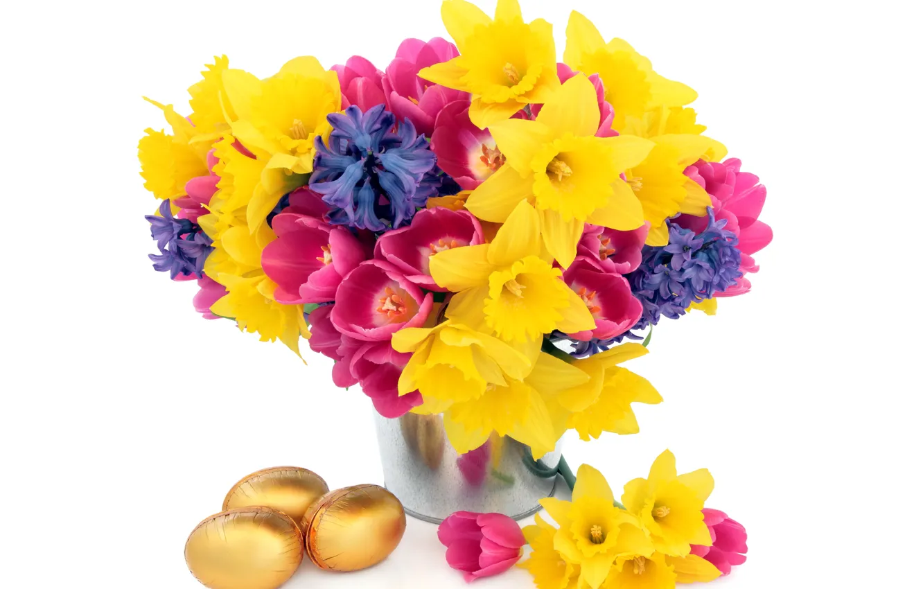 Фото обои цветы, корзина, тюльпаны, flowers, tulips, нарциссы, spring, eggs