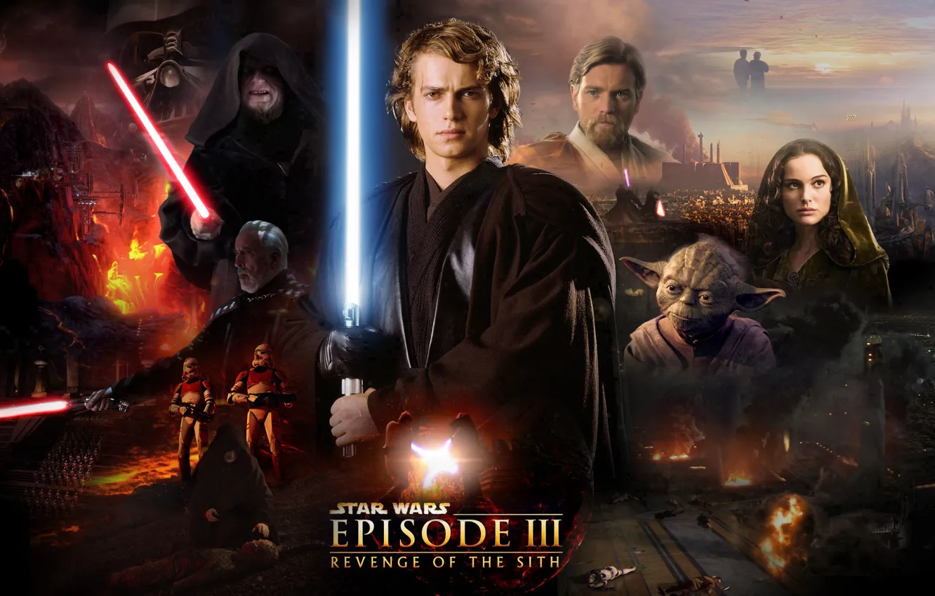 Фото обои Star Wars, Звездные войны, Darth Vader, Йода, световой меч, клоны, clones, lightsaber
