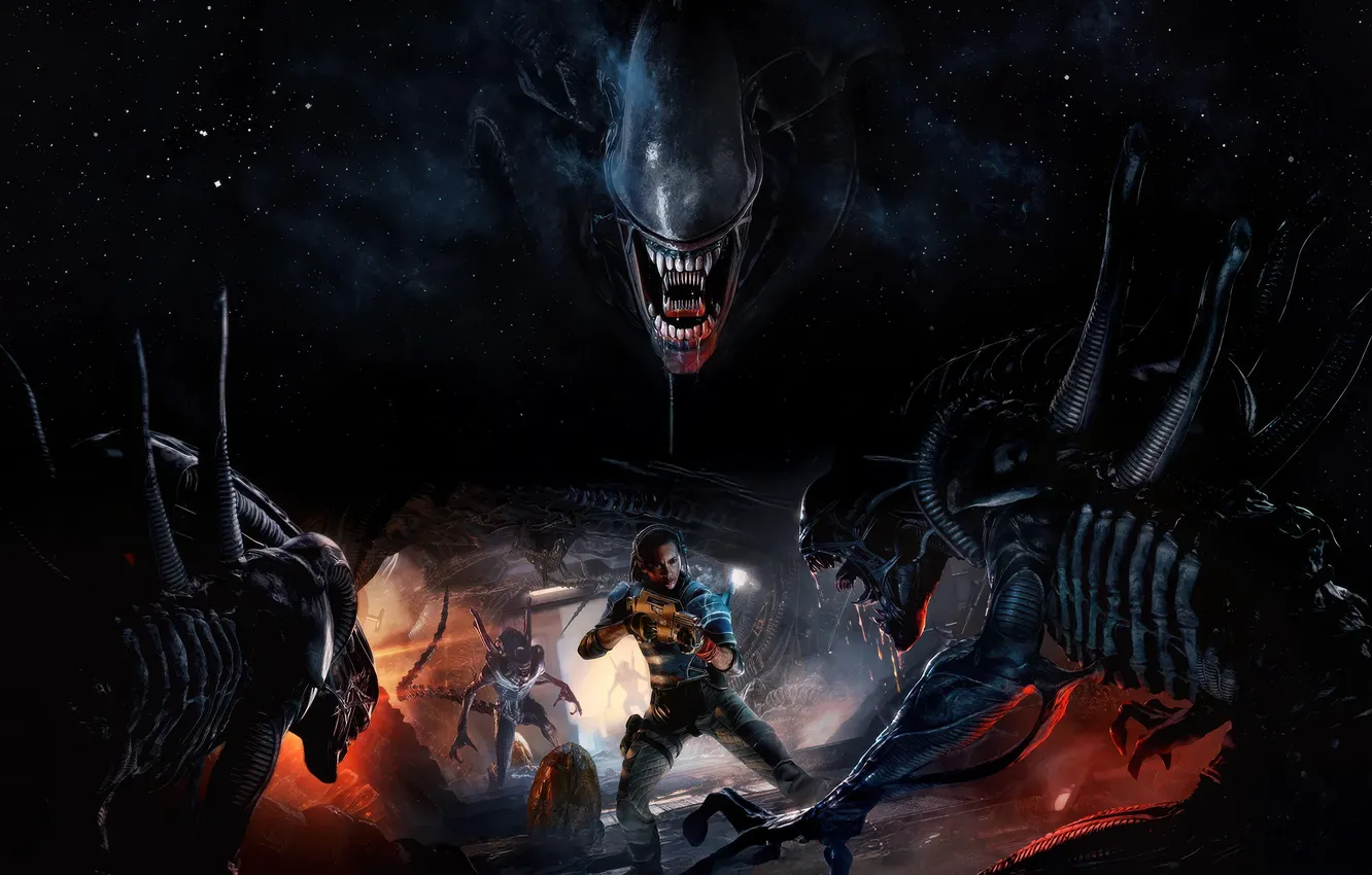 Фото обои gun, monster, weapon, alien, man, rifle, play station, virtual reality