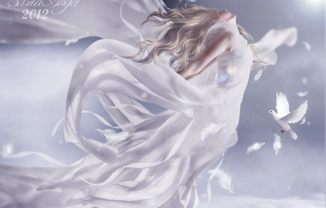 Фото обои небо, девушка, облака, полет, птицы, белое, крылья, ангел