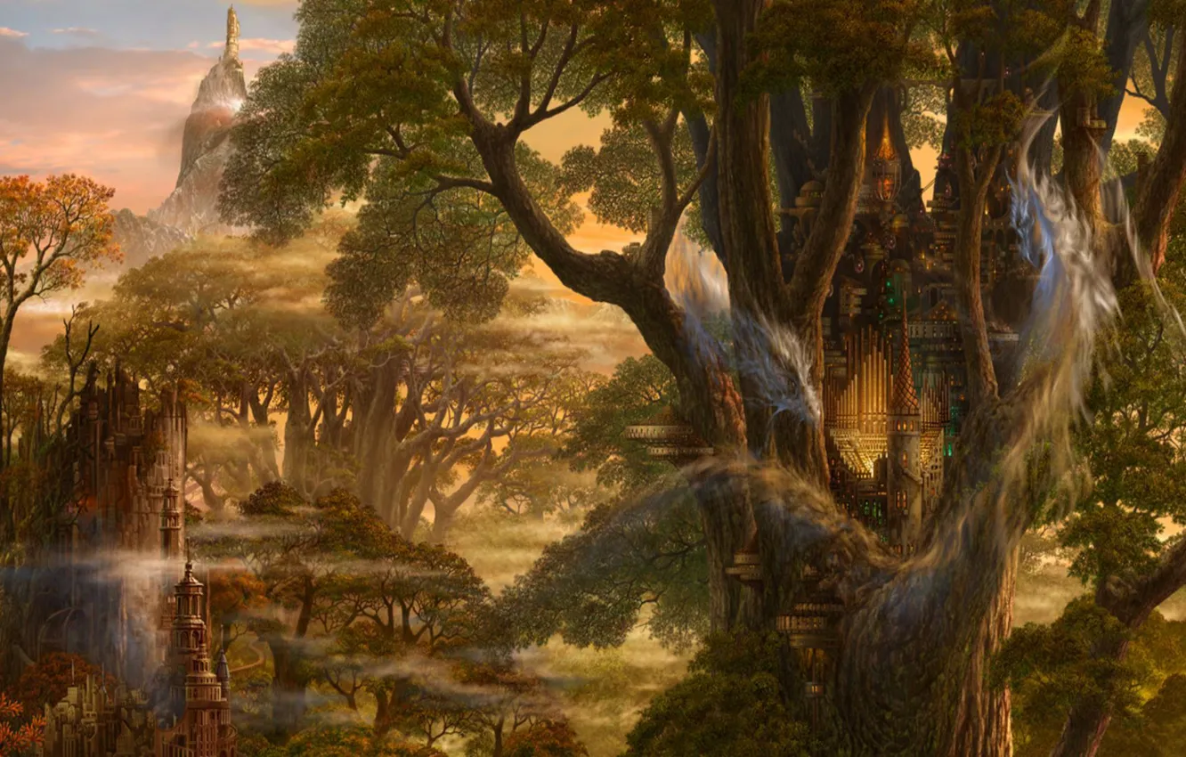 Фото обои деревья, замок, фантастика, дракон, фэнтези, Арт, ucchiey, kazamasa uchio