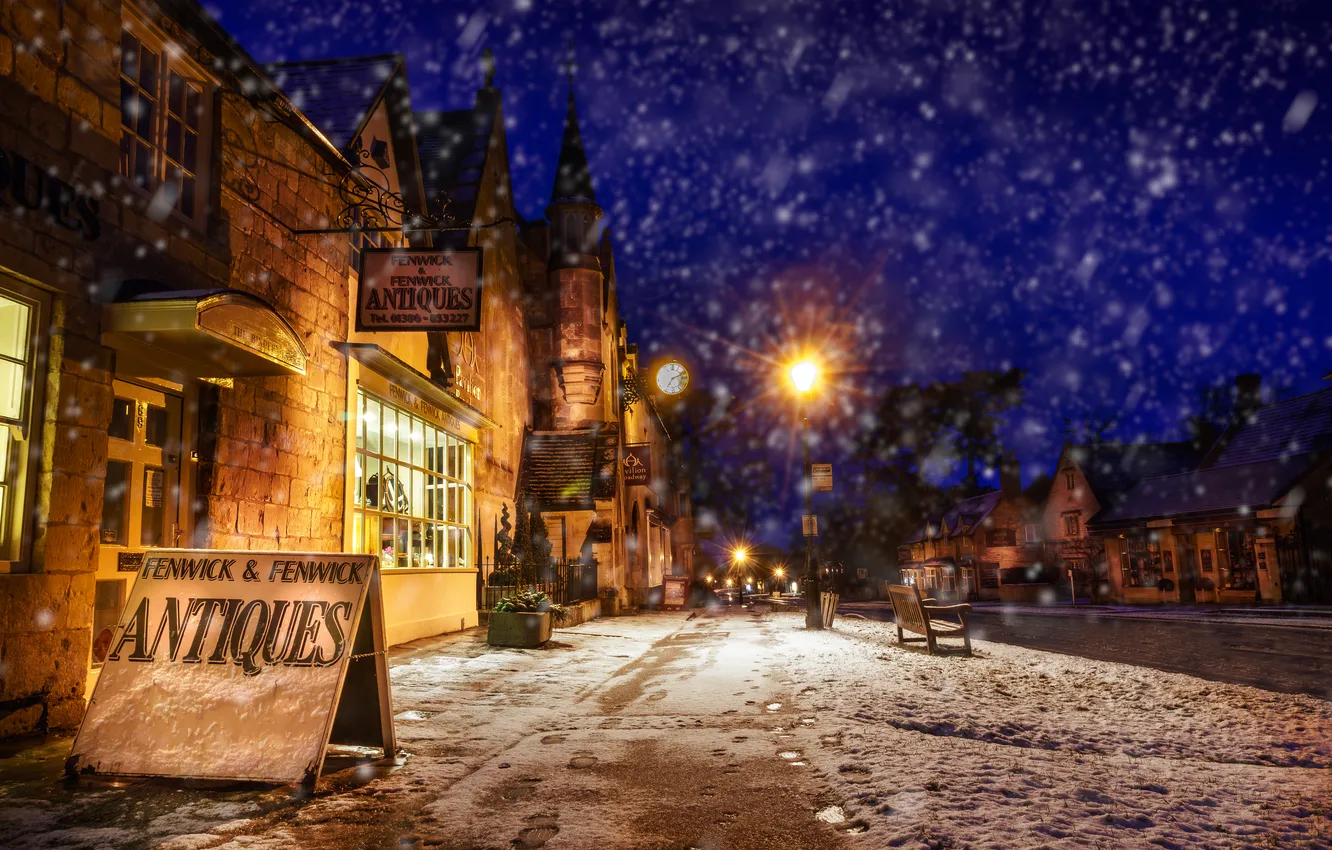 Фото обои снег, ночь, город, улица
