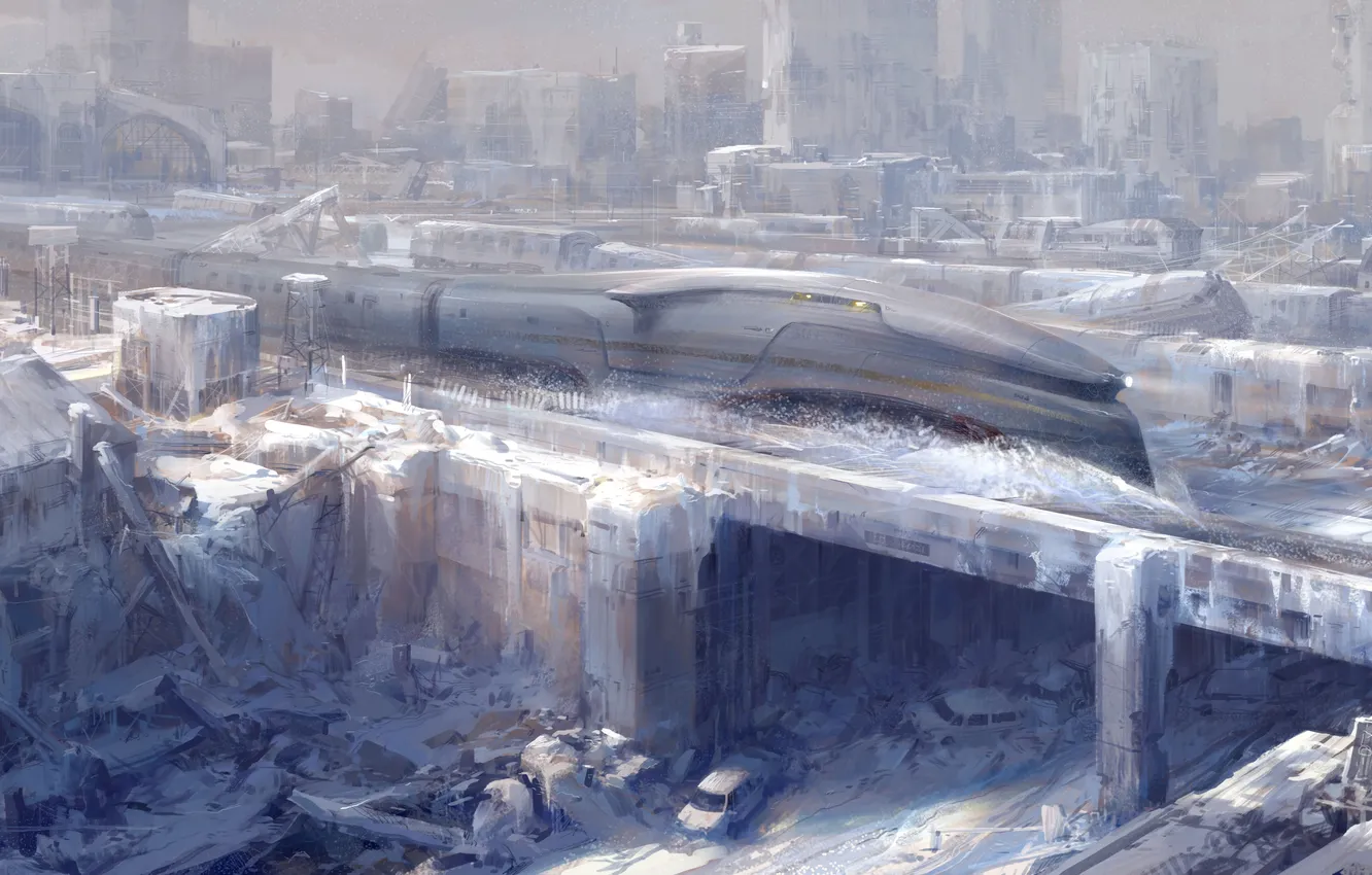 Фото обои лед, снег, город, фантастика, катастрофа, арт, поезда, концепт-арт