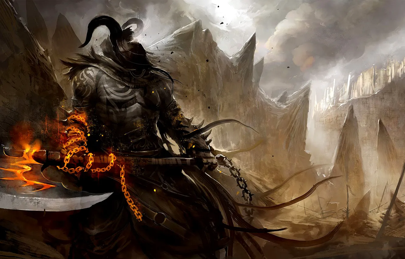 Фото обои оружие, скалы, пламя, демон, цепь, рога, ущелье, Guild Wars