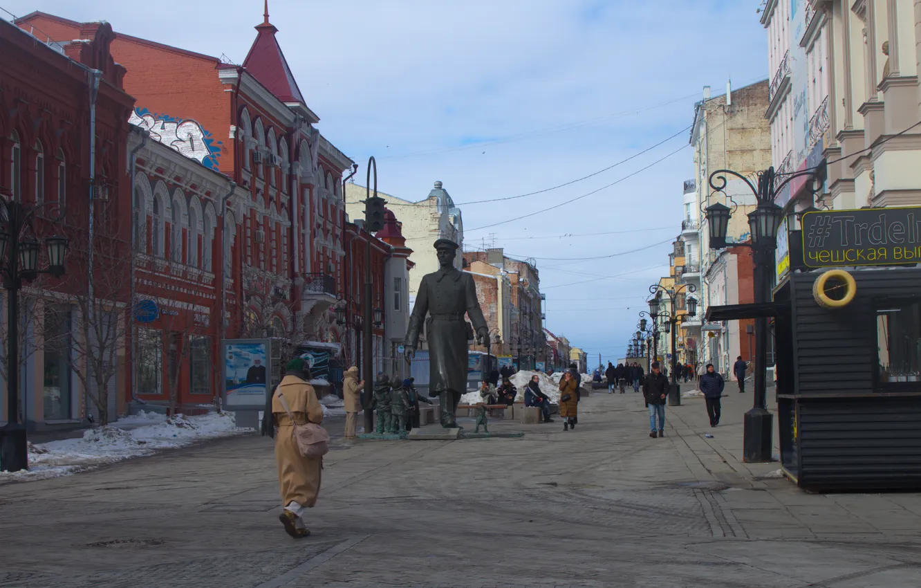 Фото обои небо, снег, здания, дома, весна, Россия, архитектура, Самара