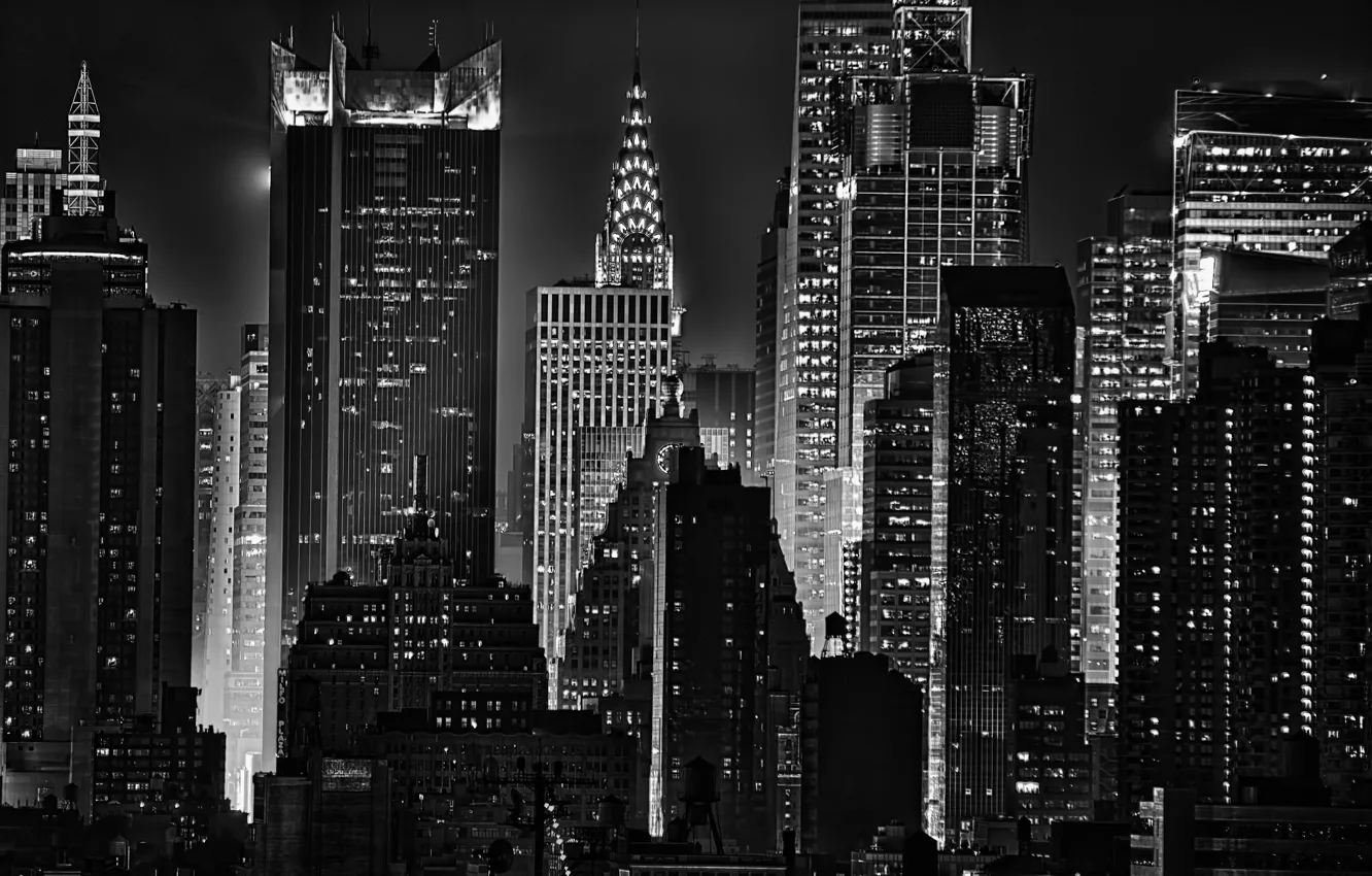 Фото обои свет, ночь, огни, здания, Нью-Йорк, нуар, небоскрёбы, Крайслер-билдинг