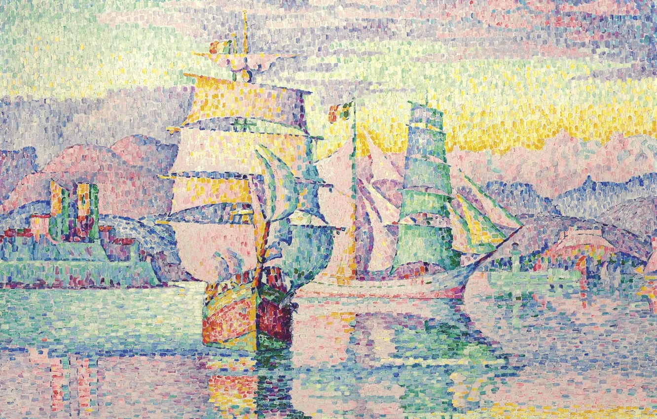 Фото обои корабль, картина, парус, морской пейзаж, Поль Синьяк, пуантилизм, Антиб. Бригантины