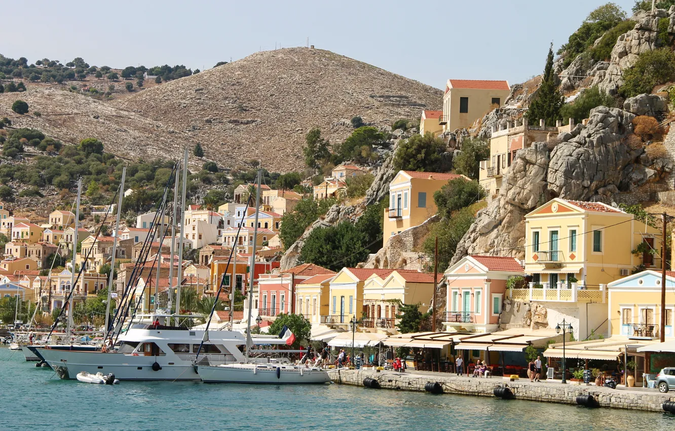 Фото обои фото, Дома, Причал, Город, Греция, Яхта, Скала, Simi Island