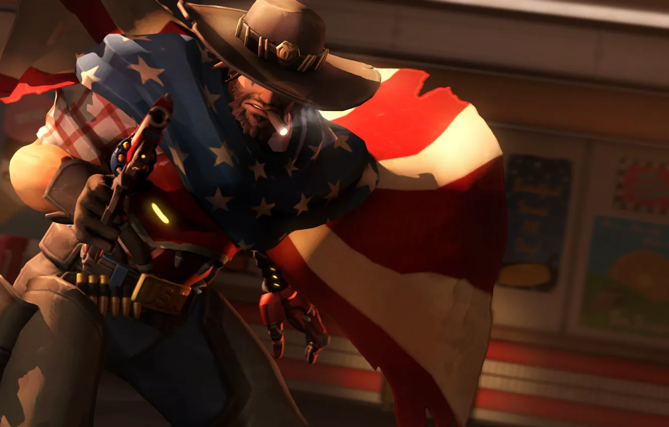 Фото обои рендеринг, шляпа, флаг, сигара, револьвер, Overwatch, McCree, Jesse McCree
