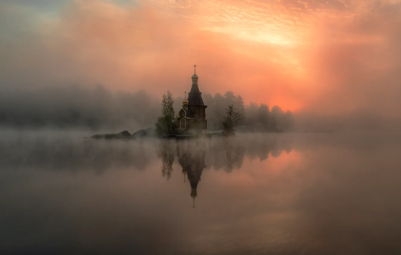 Фото обои туман, река, церковь, дымка, Россия, Вуокса